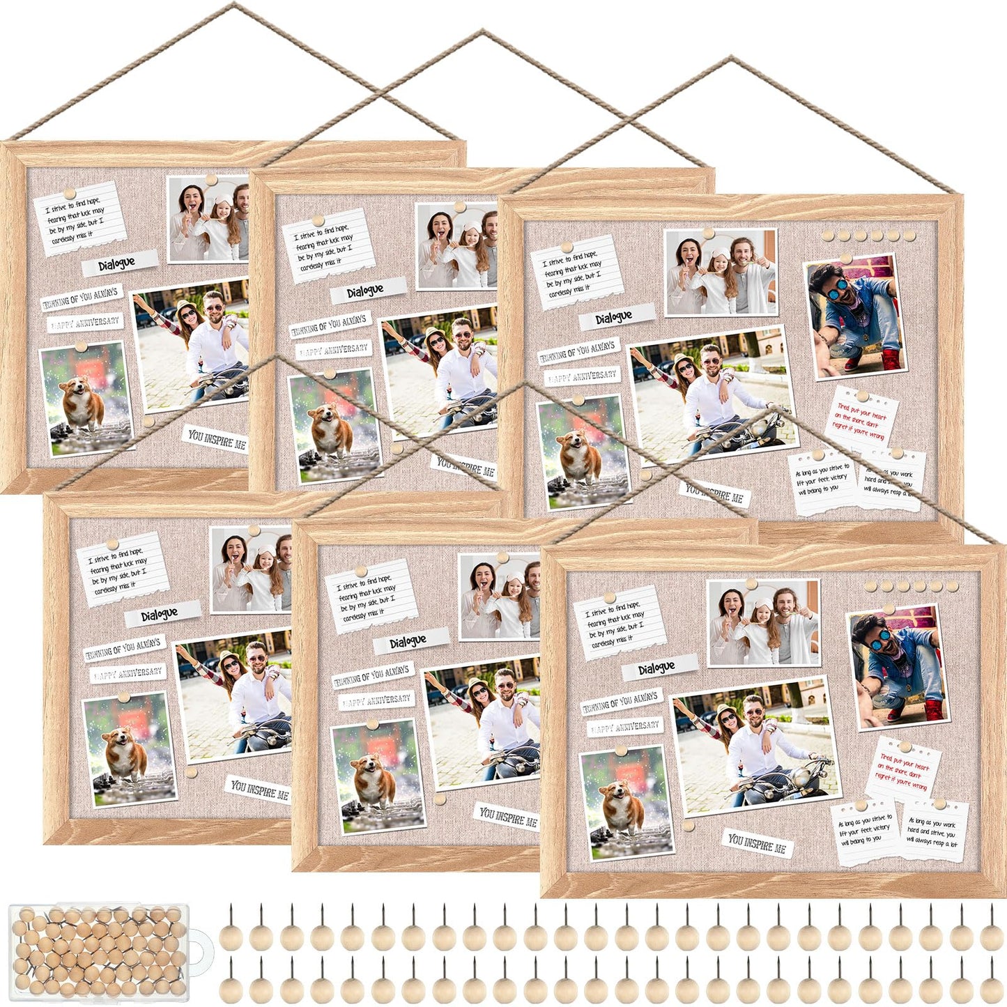 Teling 6 Pack Wood Bulletin Boards with Linen 12''x 16'' Cork Board for Walls with 60 Pushpin Decorative Wood Framed Display for Classroom School Office Bedroom (Brown)
