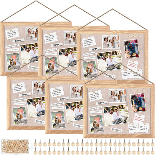 Teling 6 Pack Wood Bulletin Boards with Linen 12''x 16'' Cork Board for Walls with 60 Pushpin Decorative Wood Framed Display for Classroom School Office Bedroom (Brown)