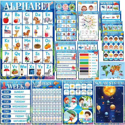 Funrous 18 Pcs Ocean Educational Posters for Classroom, Laminated Preschool Learning Charts 11'' x 16'', ABC Alphabet, Numbers, Shapes, US World Map, Time, Weather, Colors for Kindergarten Home Decor