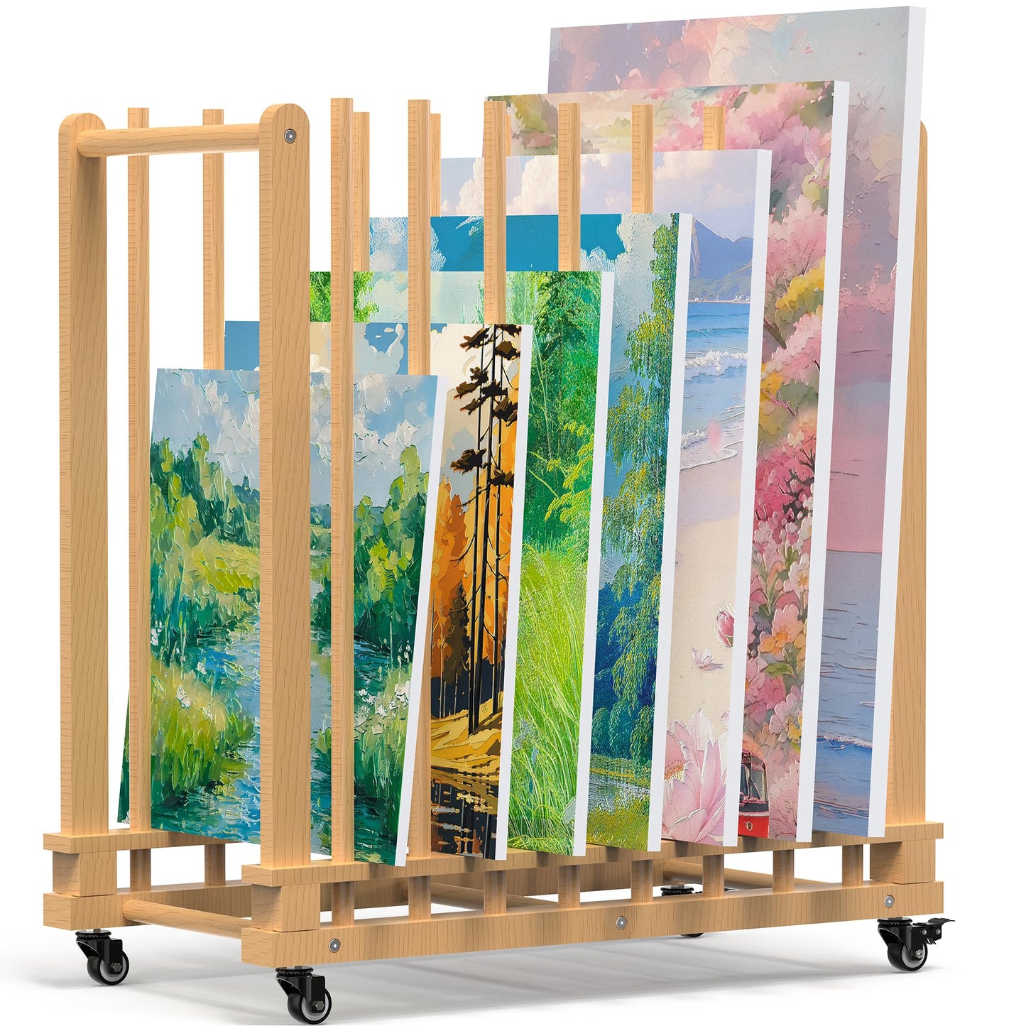 GARVIN Art Storage Rack with Wheels & Handle- Beech Wood Canvas Organizer & Artwork Storage Organizer for Drawing Board, Panel, Paper Pad for Art Studios, Artworks, Gallery, Classroom