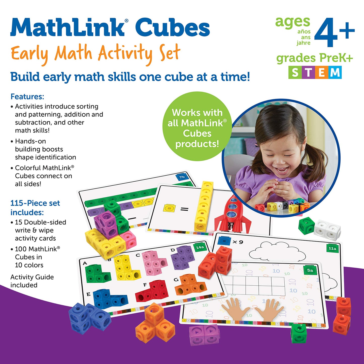 Learning Resources MathLink Cubes Early Math Activity Set - 115 Pieces, Ages 4+, Classroom Must Haves, Preschool Activities, Teacher School Supplies, Toddler Montessori Toys, Math Manipulatives