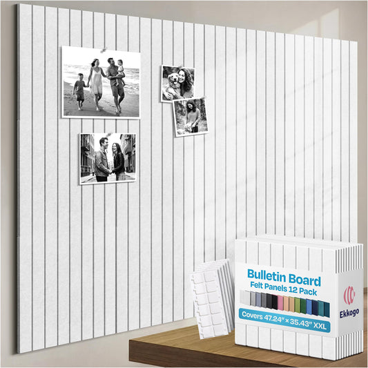 Ekkogo X-Large Cork Board Alternative 12-Pack Felt Bulletin Board Thick and Decorative Pin Board for Home Office Walls 47.24 x 35.43 Inches with 72 Adhesive Tabs - [White]