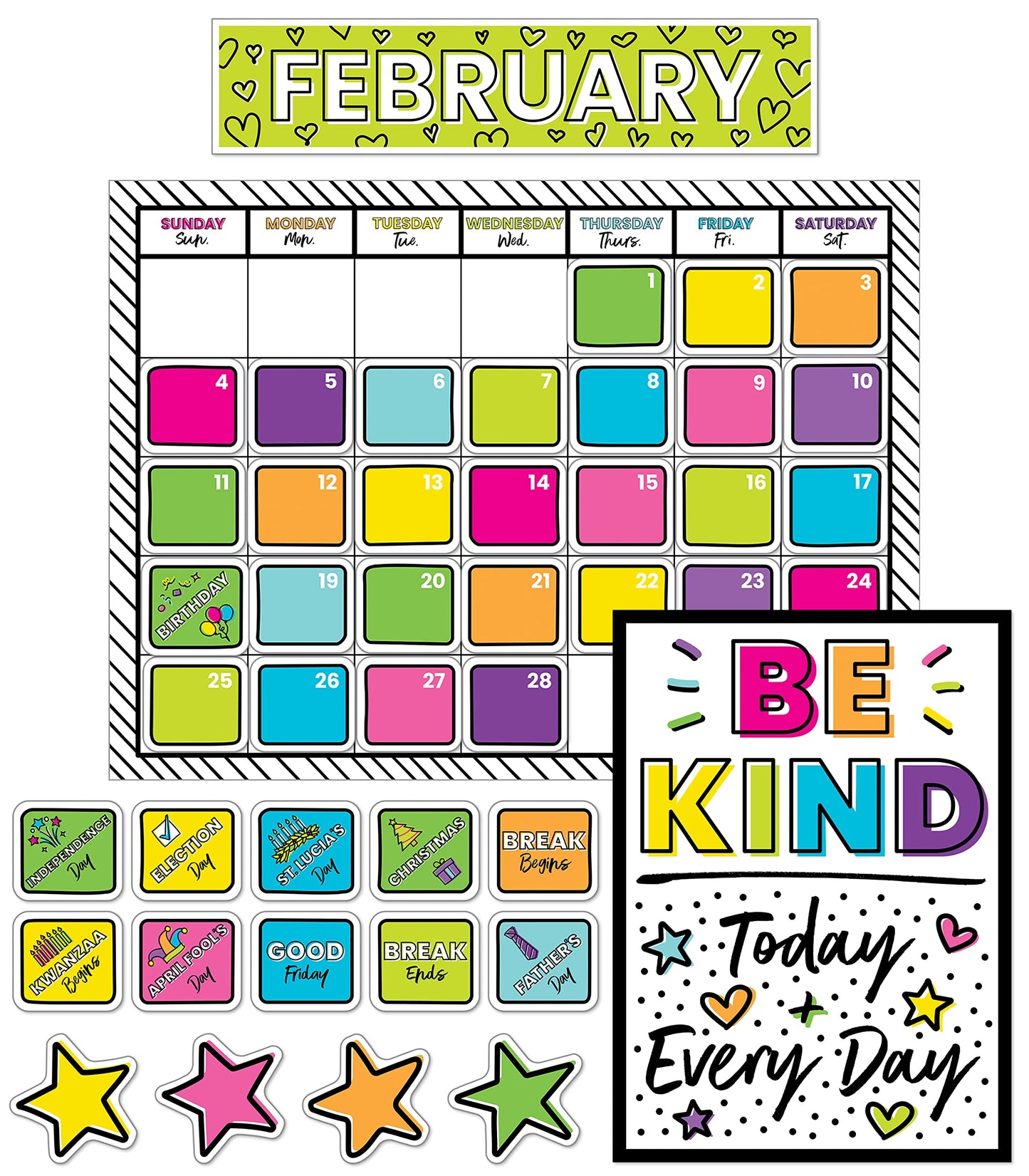 Carson Dellosa Kind Vibes 129 pc Set Wall Calendar, Monthly Headers, Birthdays, Holidays, Number Cover Ups, Motivational Poster, Star Cutouts, and More for Bulletin Board and Classroom Decor