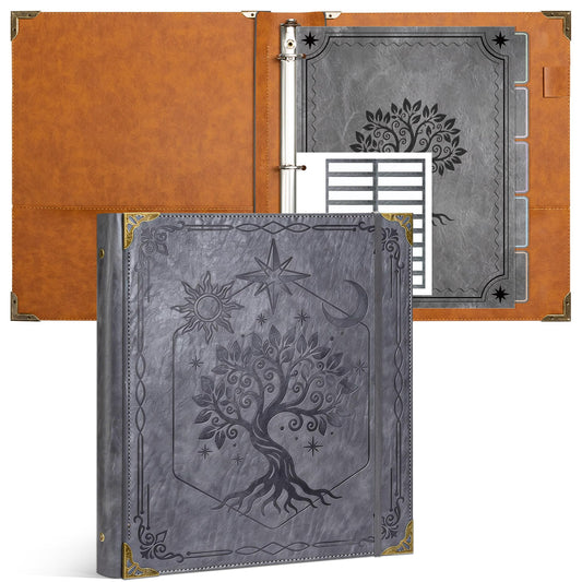 Ospelelf 3 Ring Binder 1 Inch Leather Vintage Hardcover Binder Dividers with Tabs for Letter Size 8.5"x11" Paper, Binder with Pockets for Photo Album, Document Organizer and Family History, Gray Tree