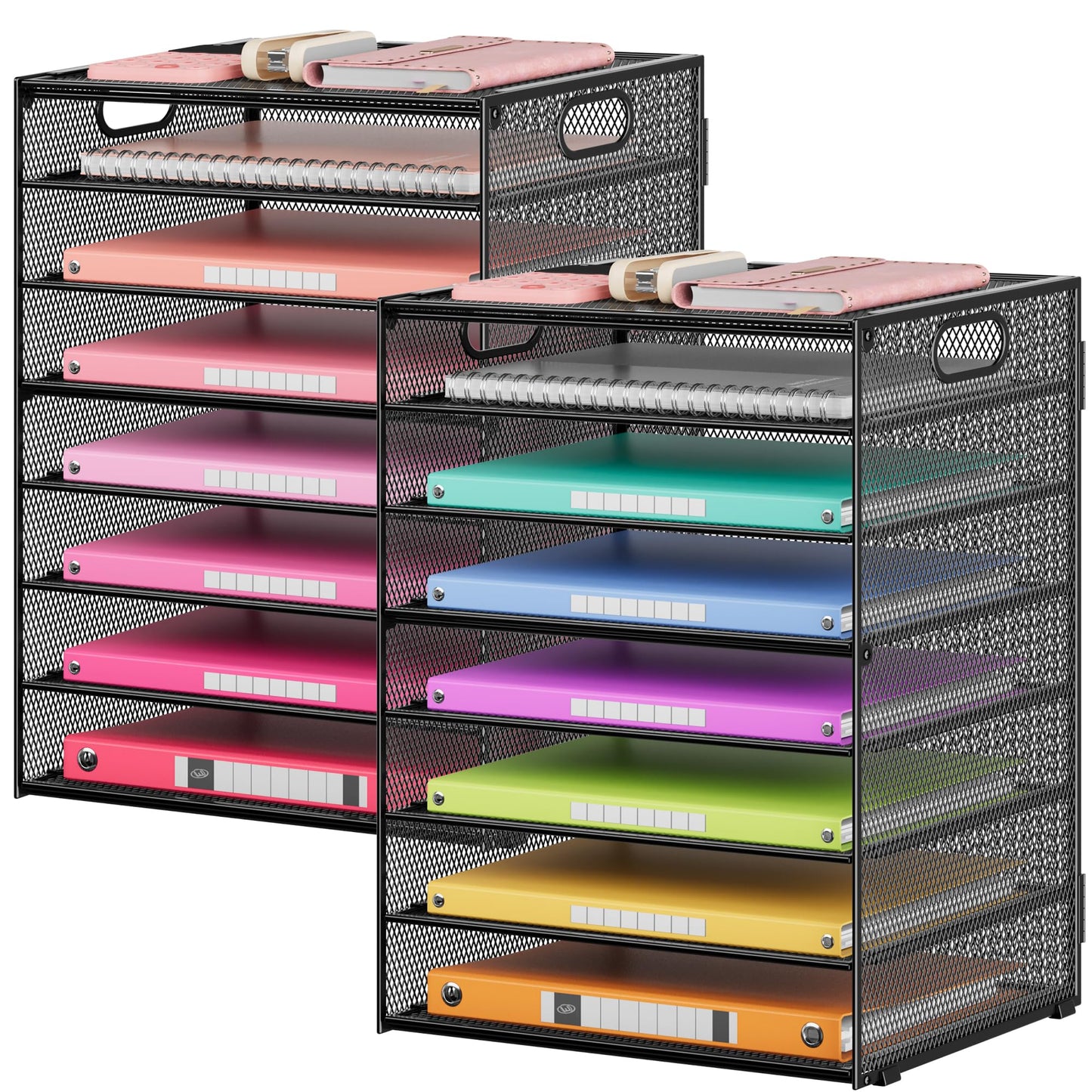 Lavatino 2 Pack 8-Tier Office Desk File Organizer, Letter Tray Paper Organizer with Handle, Including 5 Adjustable Slide Trays for Organizing Desktop Workspace Accessories and Supplies (Black Mesh)