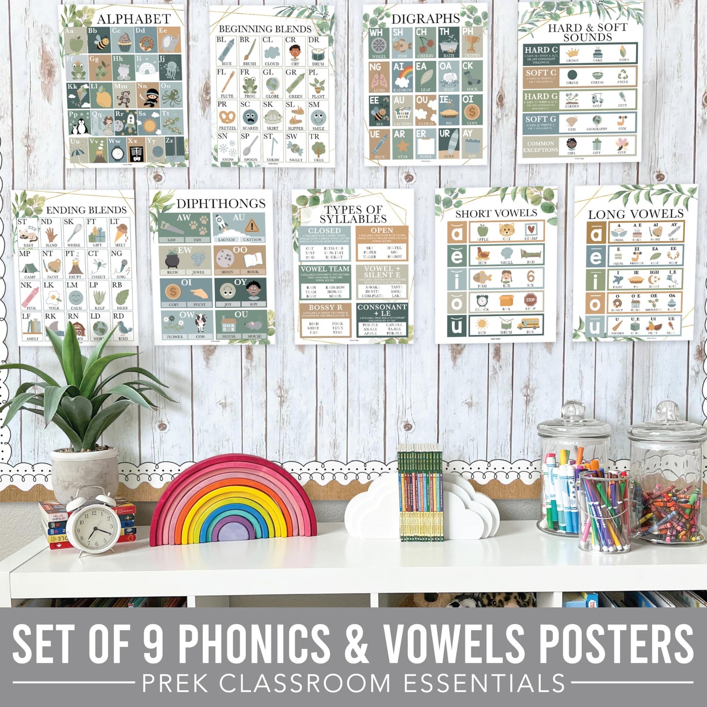 Hadley Designs Phonics Posters for Classroom Must Haves - 9 Sound Wall for Kindergarten & Elementary Teacher Supplies, Syllable, Vowels, Digraphs & Blends Bulletin Board Set, Greenery Classrom Decor
