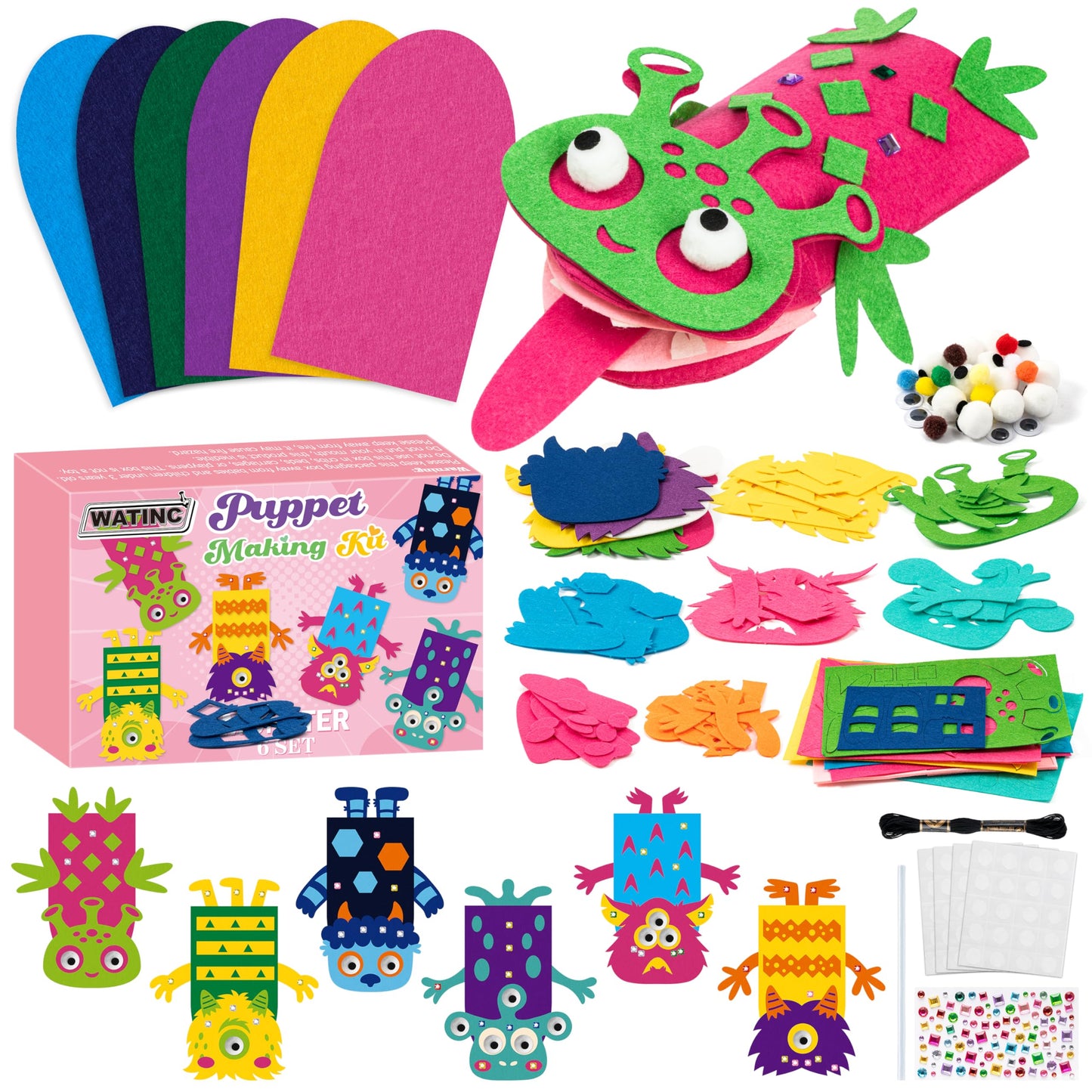 WATINC 6Pcs Hand Puppet Making Kit, Art Craft Felt Sock Puppet Toys, Creative DIY Make Your Own Pompoms Wiggle Googly Eyes Storytelling Role Play Party Supplies Gift for Girls Boys(Monster B)