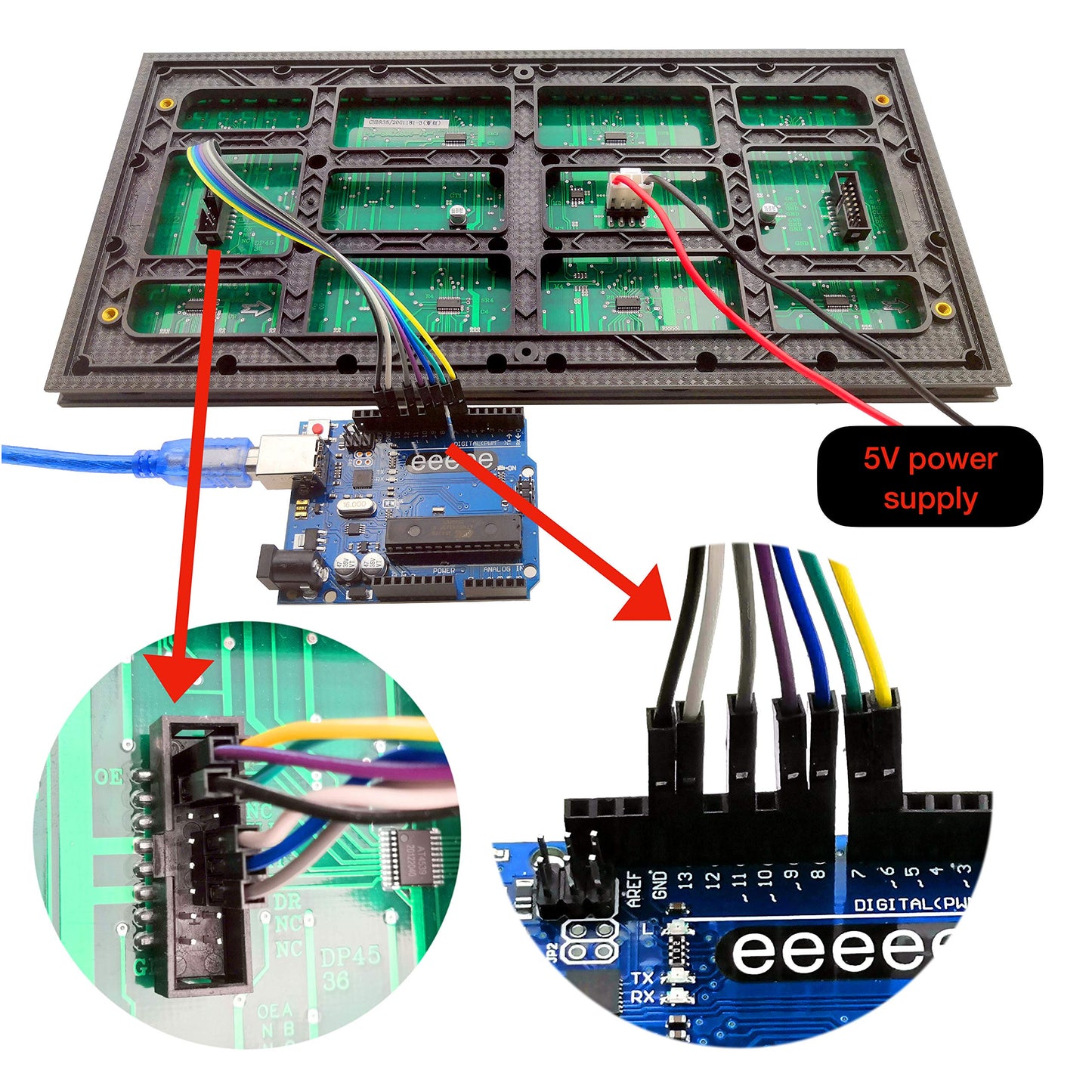 EEEEE P10 Red LED Panel Display Large Size 32cm X 16cm, 512 pcs of LED, Each Individual addressable, Controlled by Uno r3 with Arduino IDE.