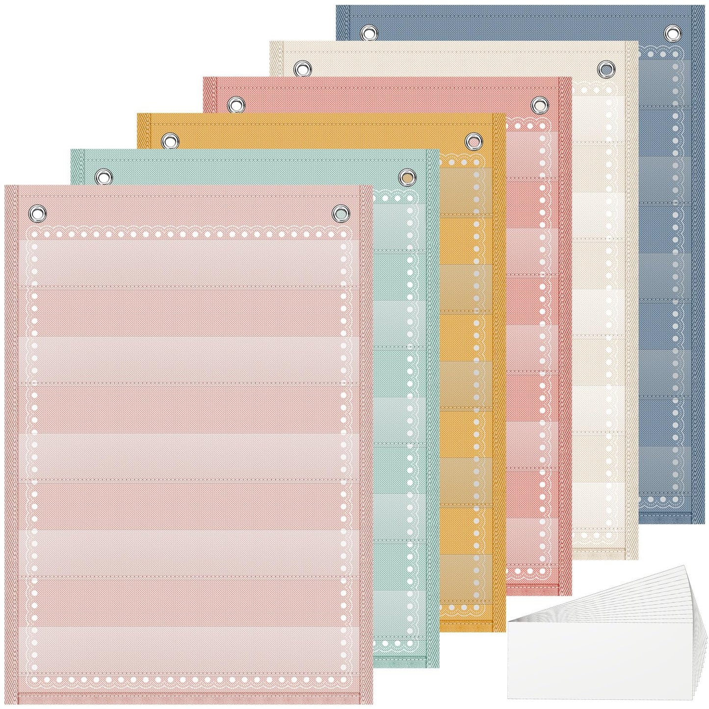 Gueevin 6 Set Magnetic Pocket Chart with 5 Clear Pockets and 30 Dry Erase Cards Painted Classroom Schedule Pocket Chart for Whiteboard Class Demonstrations(Macaron Color,Stripes Pattern)