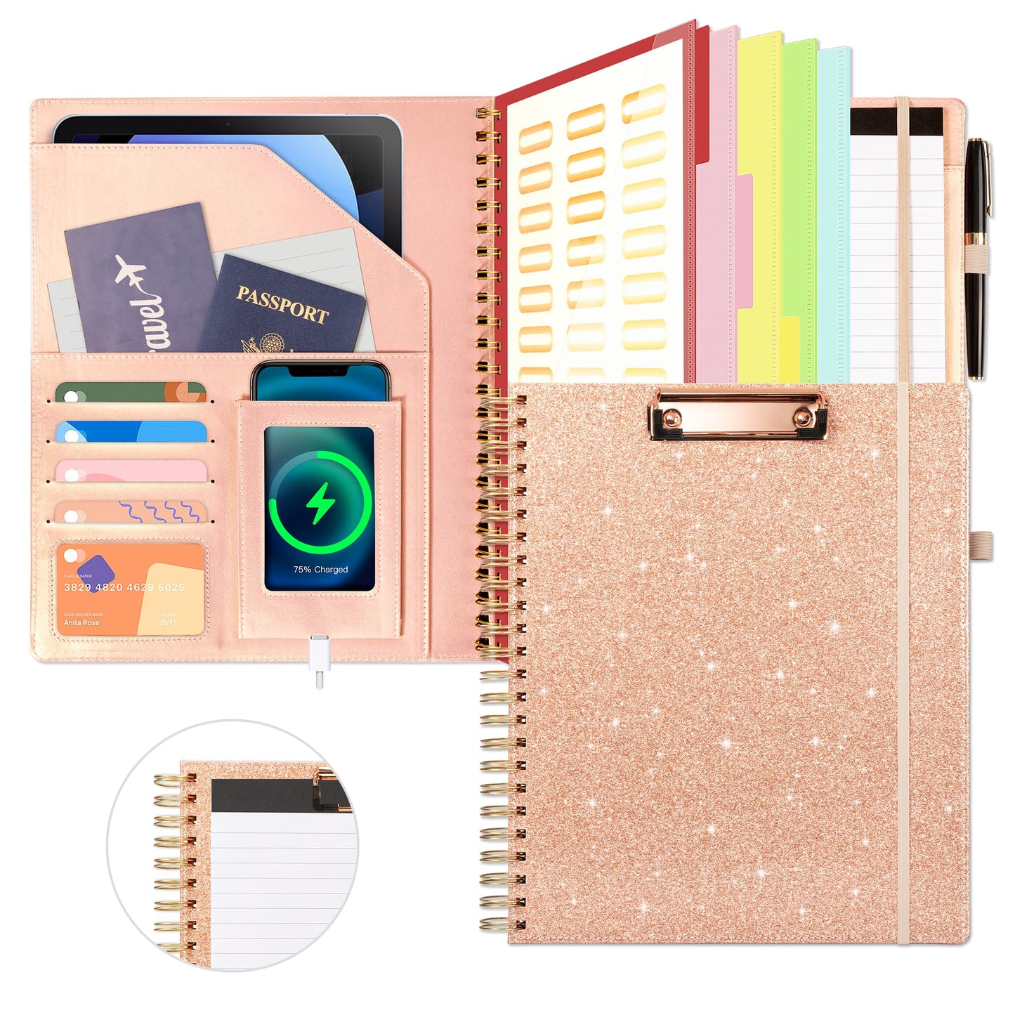Ospelelf Clipboard with Storage for Women, Leather Padfolio Portfolio Organizer 5 Folders with 10 Pockets, Spiral Clipboard Folio with Notepad for Letter Size, Elastic Closure and Pen Loop Rose Gold
