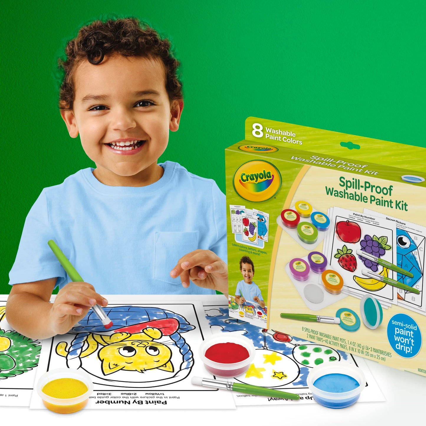 Crayola Spill Proof Paint Set (8ct), Washable Toddler Paint Kit, With Brushes, Pots, Activity Pages, Arts & Crafts Kit, Gift for Toddlers, Ages 3+