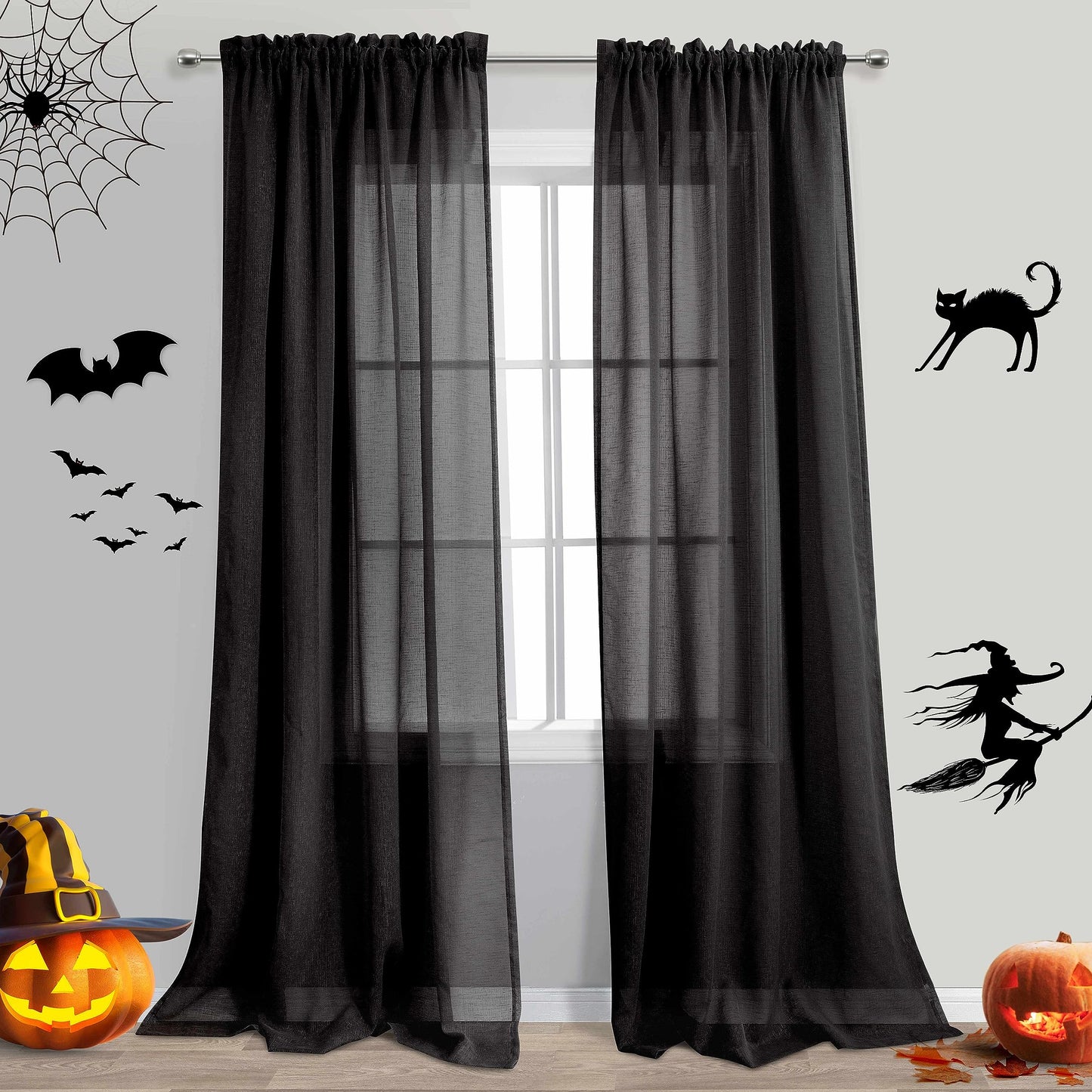 KOUFALL Black Curtains 96 Inches Long for Office,Light Filtering Linen Sheer Curtains for Living Room 96 Inch Length
