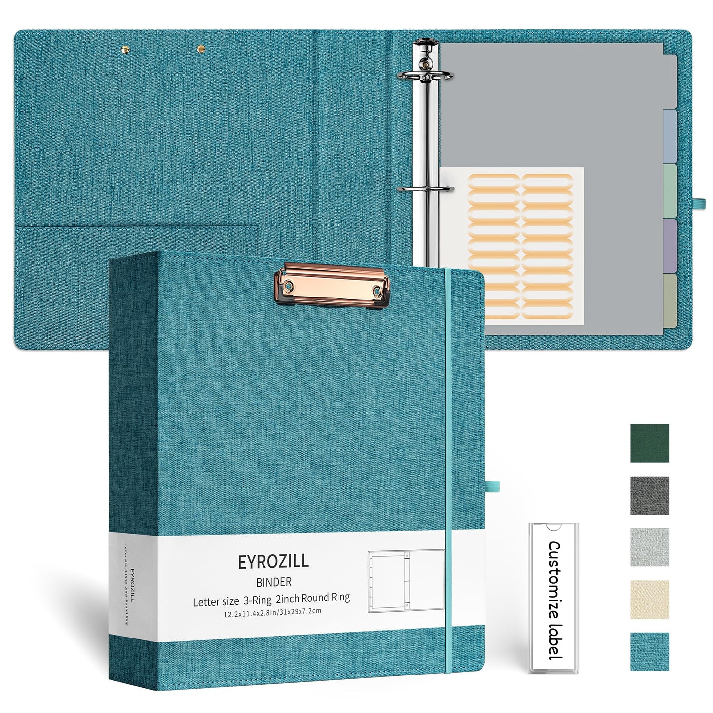 EYROZILL 3 Ring Binder 2 Inch, Binder for Letter Size (11" x 8.5") with 5 Tab Dividers, File Folder Labels and Low Profile Clipboards, Aqua Blue