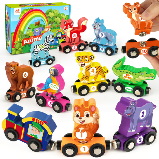 Vanmor Wooden Train Set for Toddlers, Magnetic Animal Number Train Toys for Ages3-5, Toddler Learning Toys, Fine Motor Skills Educational Toys, Preschool Activities, Toddler Boy Girl Gifts