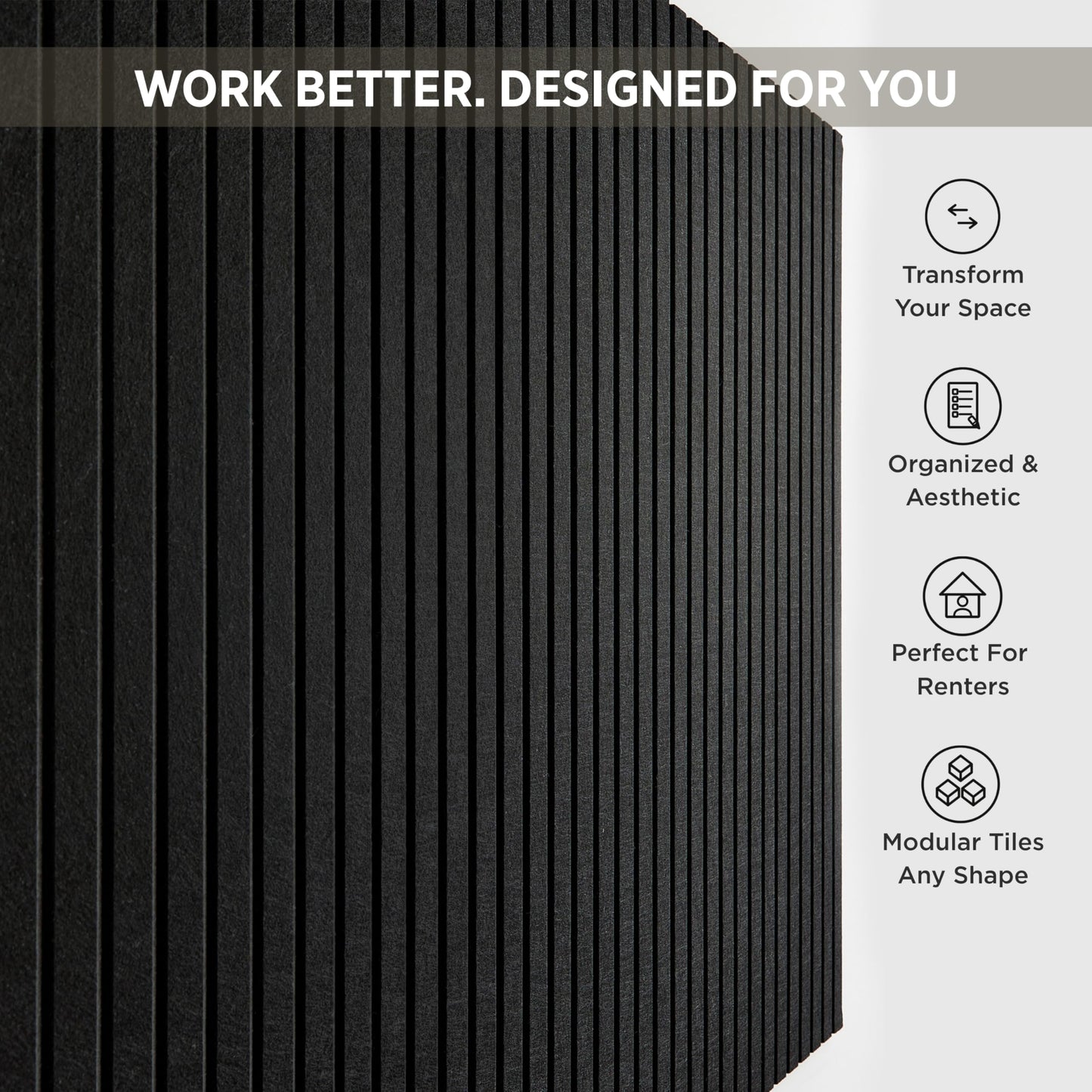 VIVELDA Felt Bulletin Board Tiles 48"x36" - 12-Pack Cork Board Alternative, Oeko-TEX Certified, NRC 0.95 Acoustic Wall Panels, Damage-Free Adhesive, Slatted Design, Home Office & Classroom (Black)