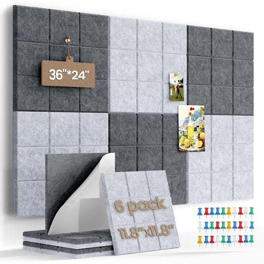 Uoisaiko Large Felt Board Tiles for Wall with Pack of 6 Pin Board Notice Boards for Home Office Kitchen, Bulletin Board Wall Tiles for Photos Memos (Drak Grey+Light Grey, 6 Pack)