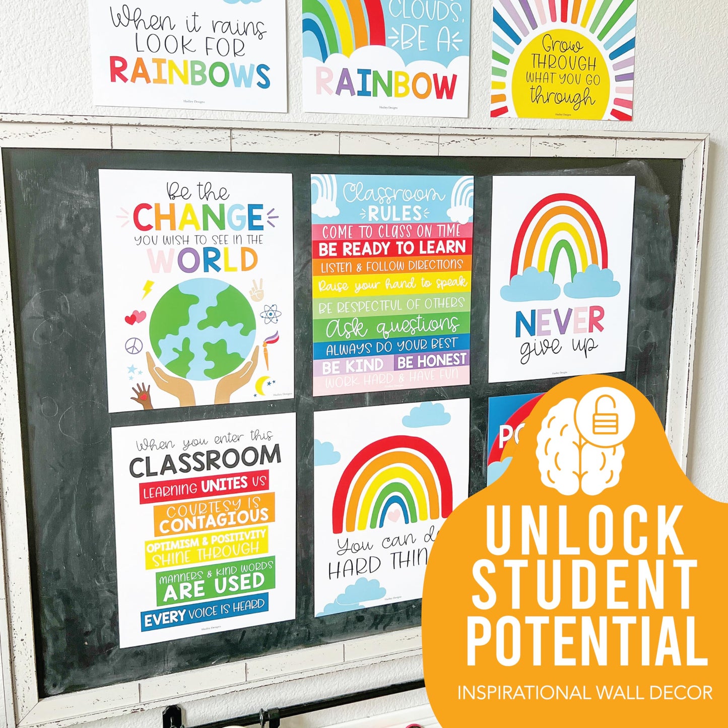 Hadley Designs Motivational Poster for Classroom Decor - 9 Growth Mindset Classroom Posters Elementary, Inspirational Wall Decor Middle School, Teacher Must Haves, Rainbow Bulletin Board Decorations