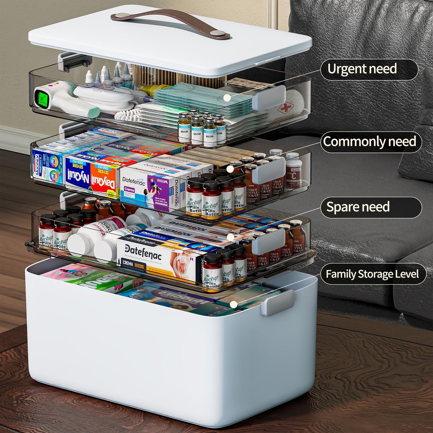 CTIME 4-Tier XL Medicine Organizer - Portable Medicine Cabinet with Leather Handle, Empty First Aid Kit for Home Organization Must, School, Dormitory, Travel, RV, Dorm, Ideal Elderly Gift