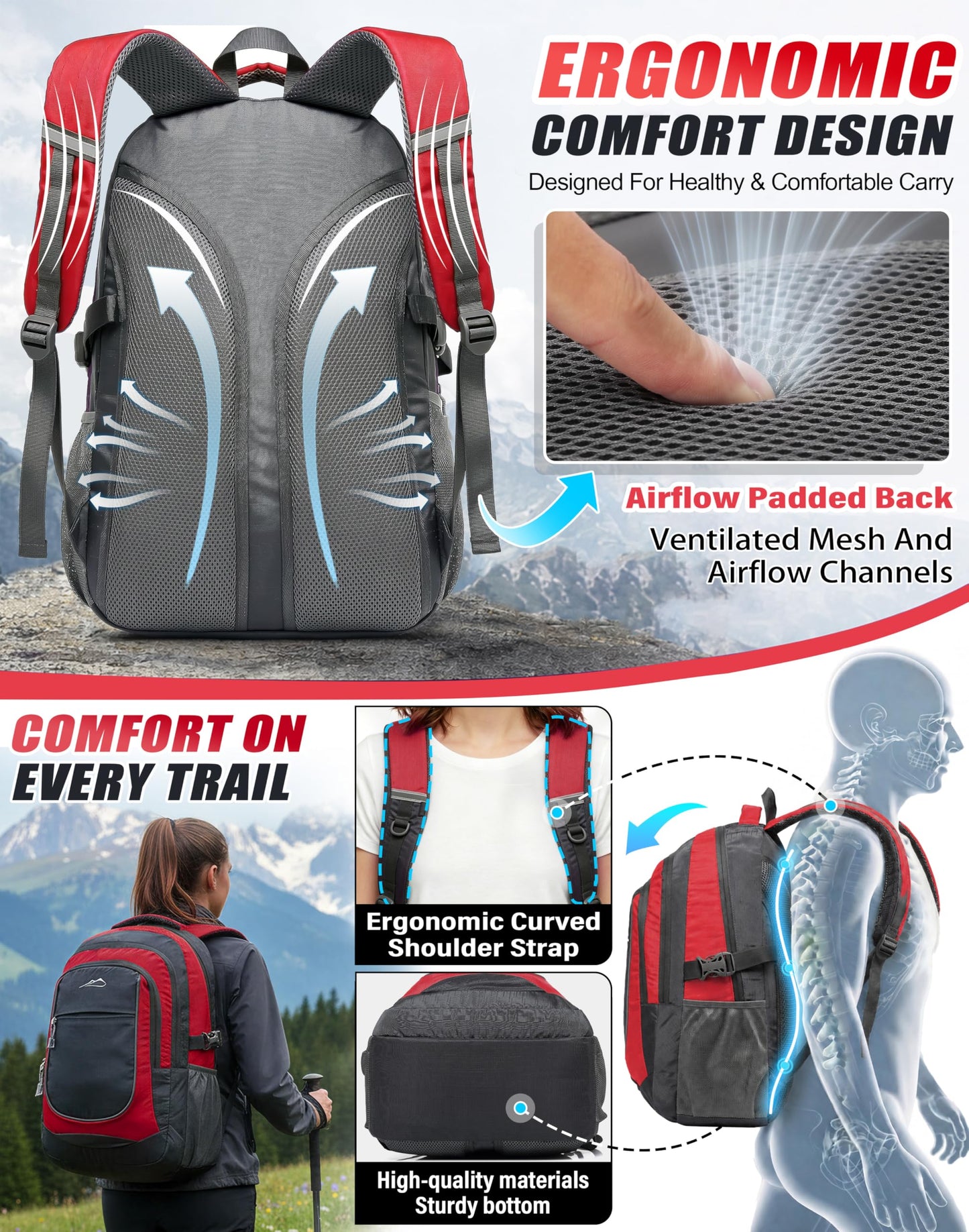 ProEtrade Backpack Bookbag for College Sturdy Travel Business Hiking Fit Laptop Up to 15.6 Inch Multi Compartment Gifts for Men Women Night Light Reflective (red)