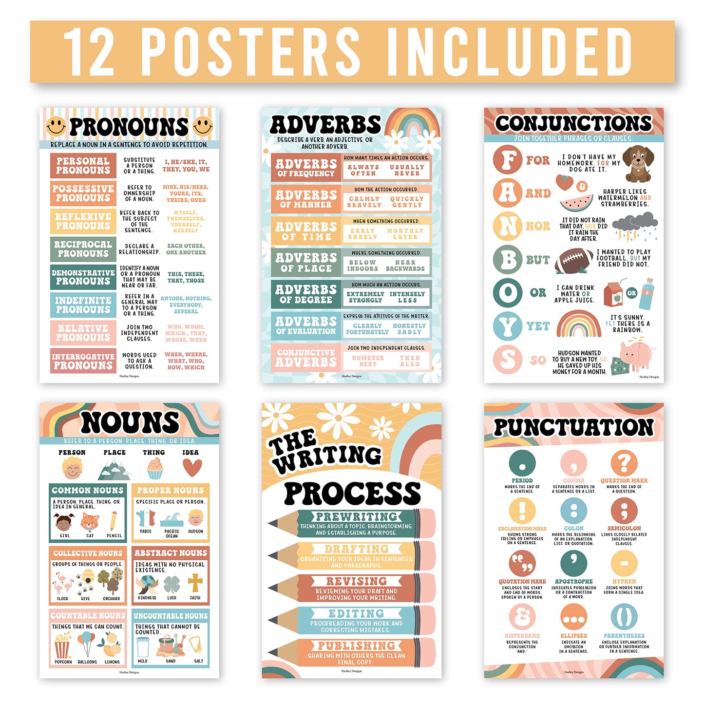 Parts of Speech Posters for Classroom Must Haves - 12 Grammar Posters, Writing Process for Homeschool, Elementary & Middle School, ELA 3rd 4th & 5th Grade Teacher Must Haves, Retro Classroom Decor