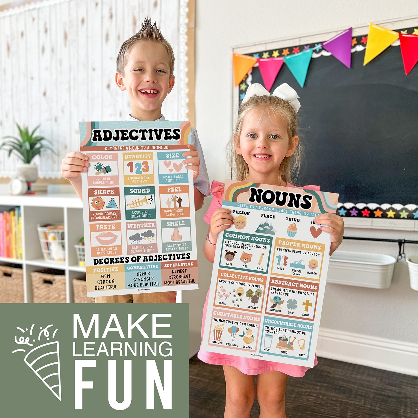 Parts of Speech Posters for Classroom Must Haves - 12 Grammar Posters, Writing Process for Homeschool, Elementary & Middle School, ELA 3rd 4th & 5th Grade Teacher Must Haves, Retro Classroom Decor