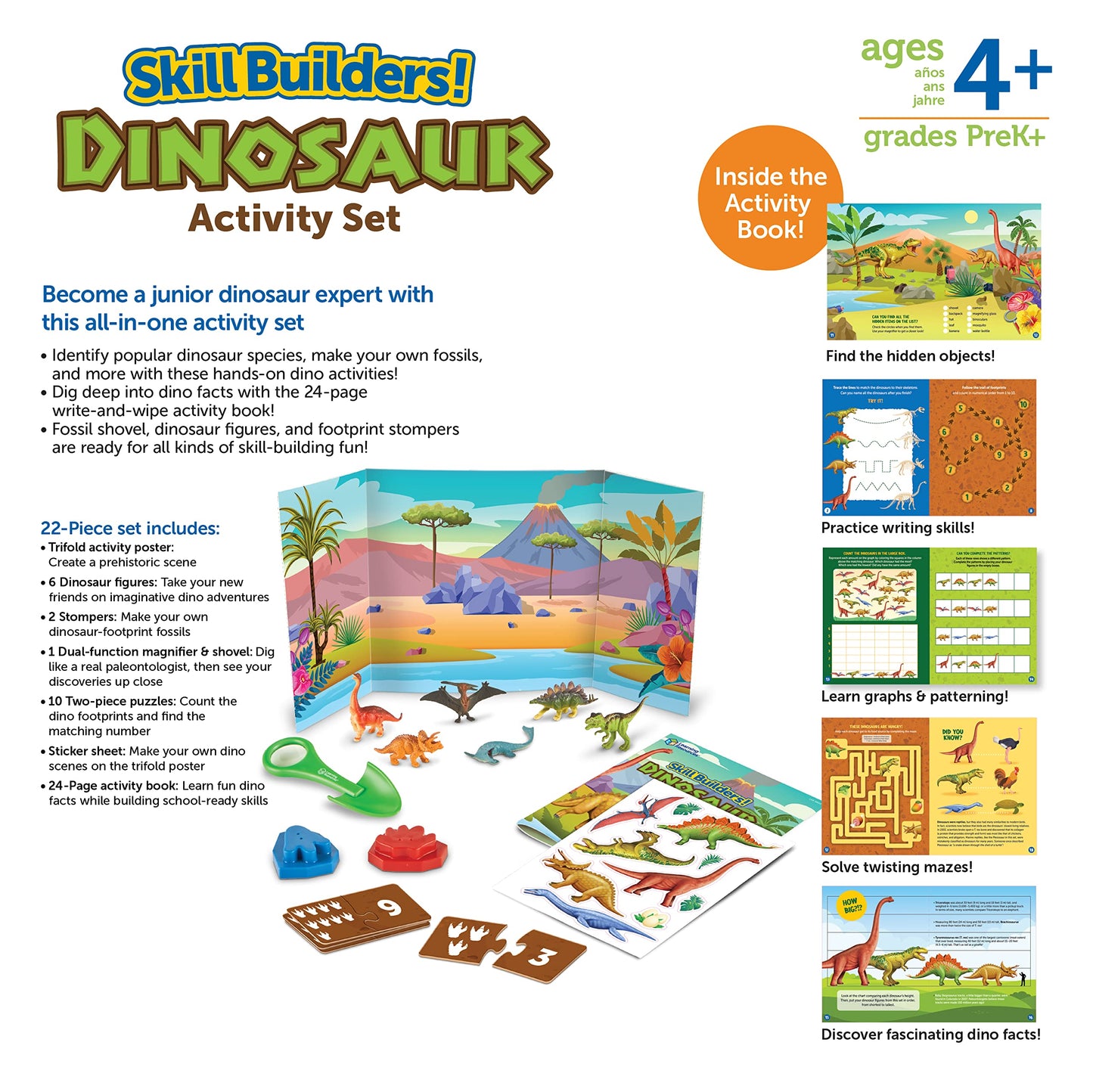 Learning Resources Skill Builders! Dinosaur Activity Set - 22 Pieces, Ages 4+, Critical Thinking, Math Manipulatives, Board Games, Preschool Activity Book, Jurassic toys