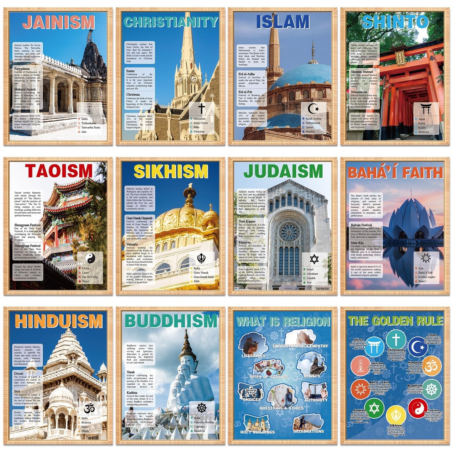 12Pcs World Religious Posters Educational Social Studies Classroom Decoration The Golden Rule Posters Cultural Diversity Wall Art Prints for Students Teacher Middle High School Library Homeschool
