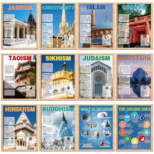 12Pcs World Religious Posters Educational Social Studies Classroom Decoration The Golden Rule Posters Cultural Diversity Wall Art Prints for Students Teacher Middle High School Library Homeschool
