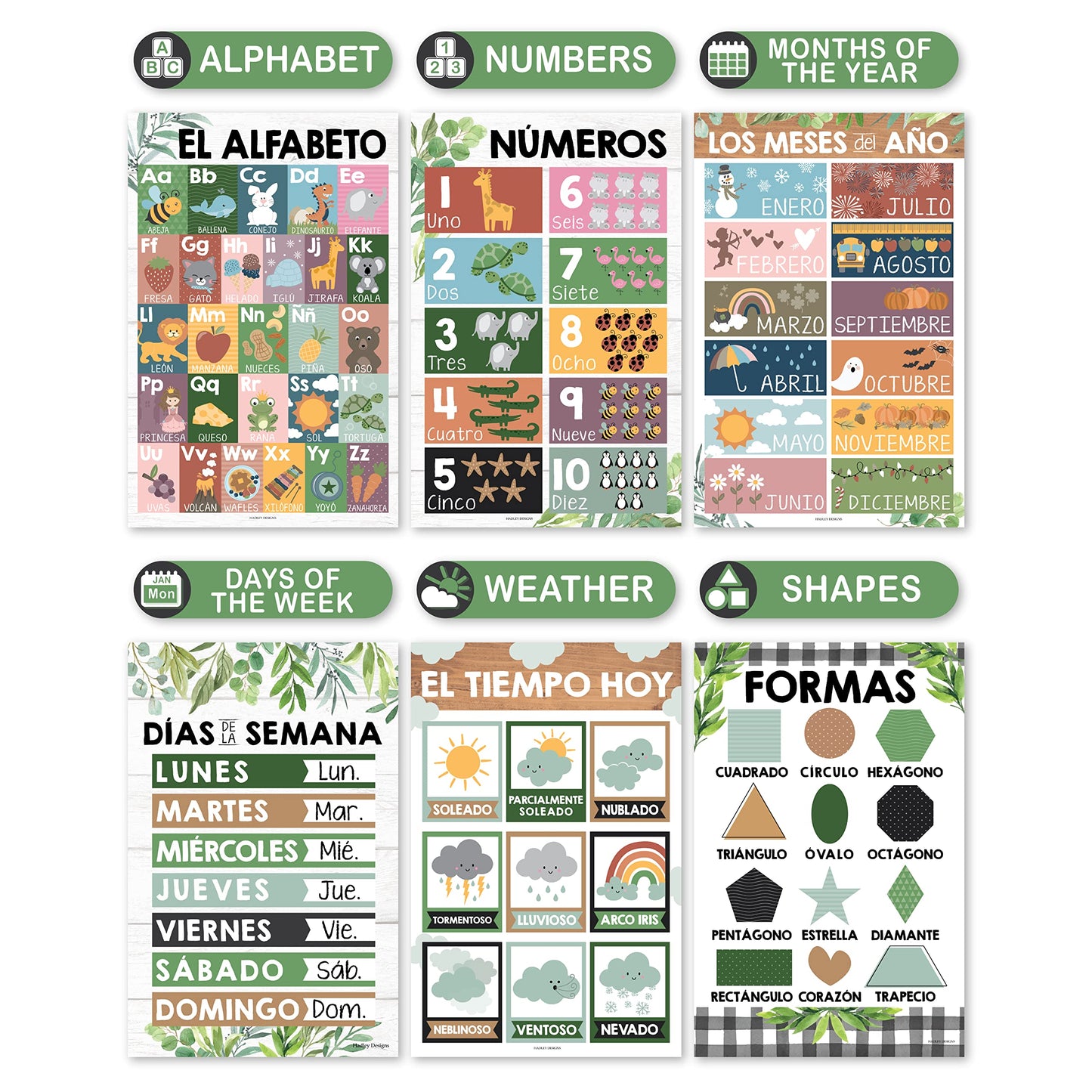 Hadley Designs Spanish Posters for Classroom - 12 Bilingual Educational Posters for Spanish Classroom Decorations Must Haves, Calendario y Alfabeto en Español Para la Pared, Farmhouse Teacher Supplies