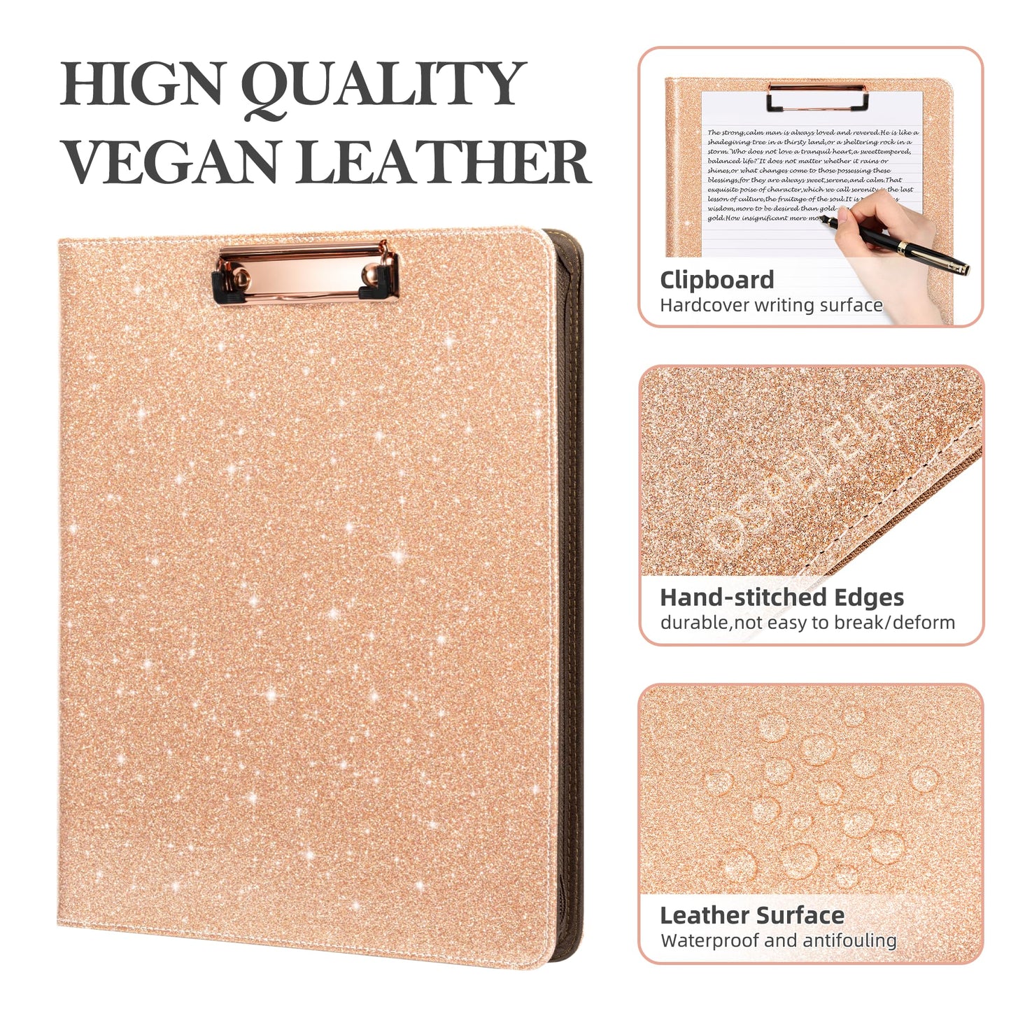 Ospelelf Clipboard with Storage, 3 Ring Binder with Zipper, Leather Padfolio Portfolio Folder, Calculator, 12.1” Tablet Sleeve, 5 Dividers with Pocket|Refillable Notepad, Card Slot (Rose Gold)