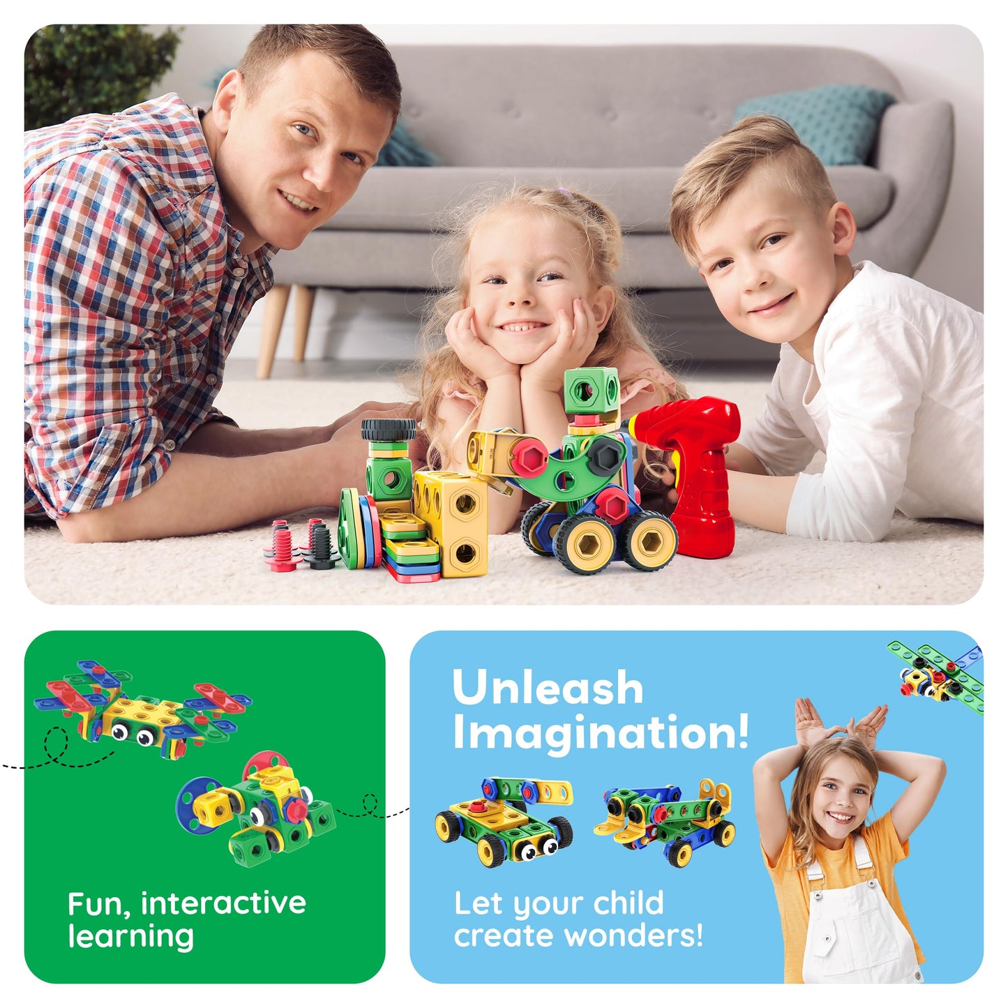 PicassoTiles 201pc STEM Learning Block Construction Kit with Power Drill and Clickable Ratchet Educational Engineering Toy Set Kids Age 3 Plus Preschool Activity Creative Play with Idea Book PTN201