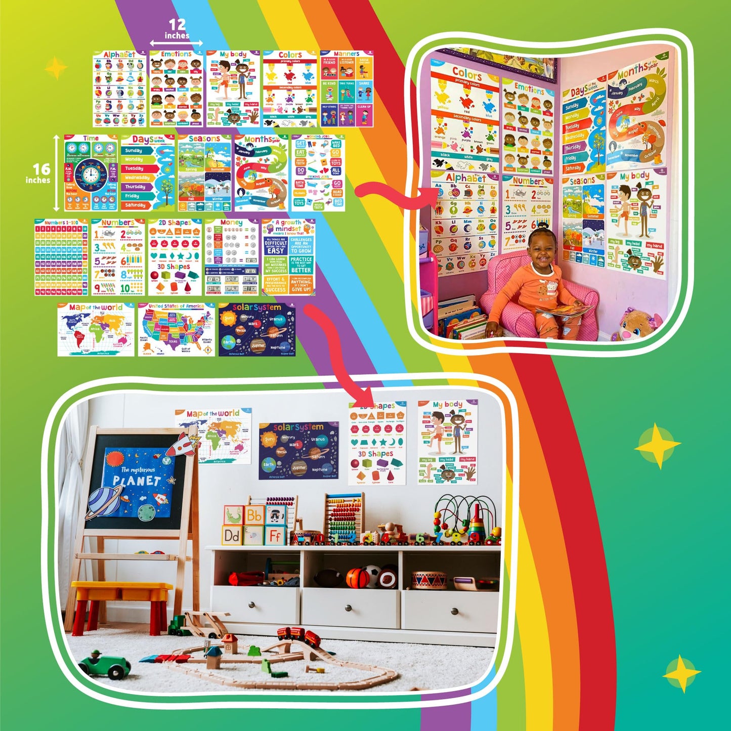 Sproutbrite 18 (12"x16") Complete Educational Poster Bundle for Toddlers - Colorful Charts for Preschool, Kindergarten & Homeschool Motivation - Inspired Learning Charts That Transform Walls Into Daily Teaching Tools