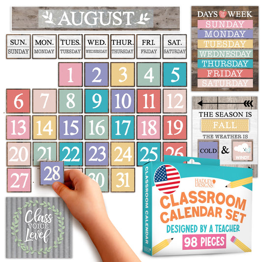 Hadley Designs Classroom Calendar Set Bulletin Board Decorations - Colorful School Calendar for Classroom Decor, Kindergarten Preschool Elementary Teacher Must Haves, Homeschool & Daycare Essentials