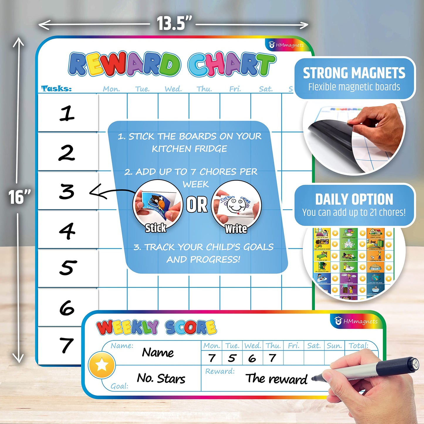 Large Magnetic Reward Chart for Kids - 127 Pre-Written Stickers (Including Potty Training) + 30 Customizable Chores - Behavior, Responsibility & Incentive Routine Star Chart for Fridge (1 Kid Version)