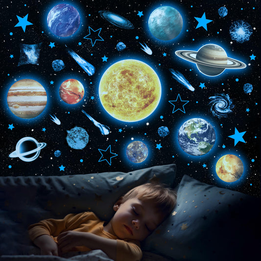 Glow in The Dark Stars and Planets for Ceiling, Robmoda Glow Solar System Wall Stickers, Space Wall Decals for Kids Boys Room (Blue)