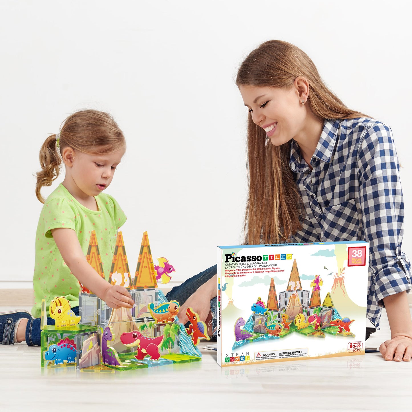 PicassoTiles Magnet Tiles Building Blocks Dinosaur Theme Set with 8 Magnetized Action Figures Magnetic Construction Build and Play Toy with Magnets STEM Learning Activities for Toddlers 3+ PTQ13