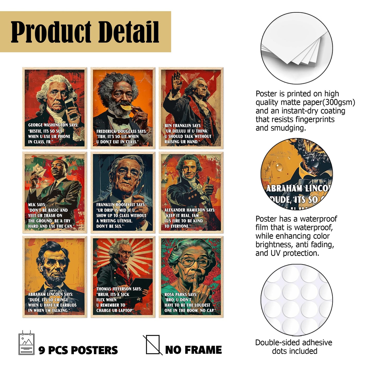 Funny U.S. History Classroom Rules Posters - Set of 9 Unframed 11x14 American History Wall Art | Social Studies Classroom Decorations for Teachers | Bulletin Board Decor