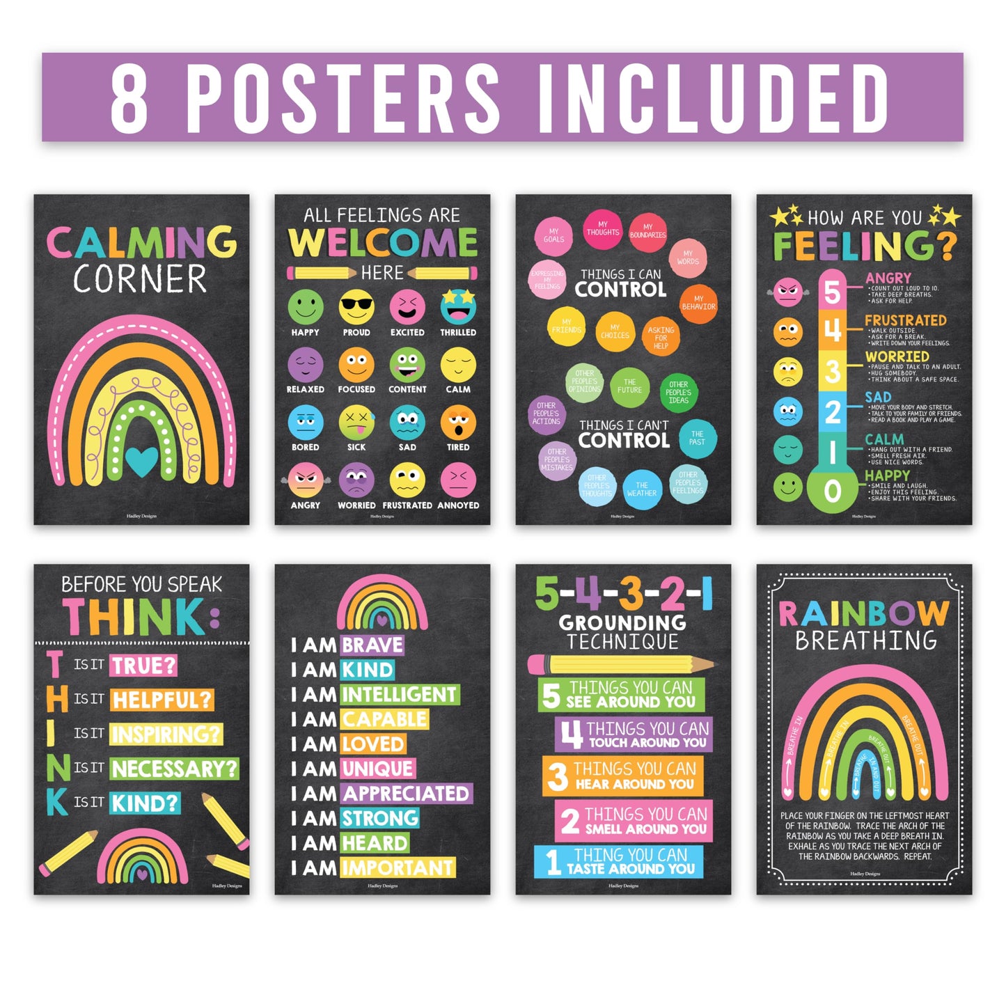 Hadley Designs 8 Calming Corner Posters for Classroom Must Haves -Calm Down Corner Supplies with Emotion Chart,School Counselor Mental Health Poster,Feelings Chart For Kids, Chalkboard Classroom Decor
