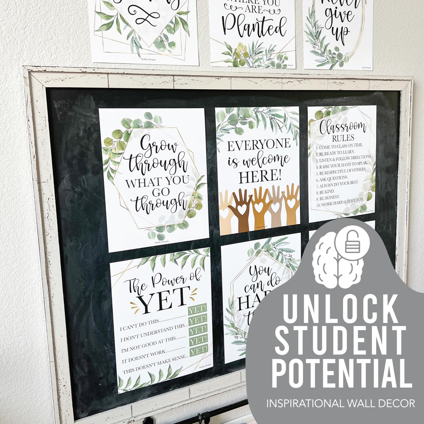 Hadley Designs Motivational Poster for Classroom Decor - 9 Growth Mindset Classroom Posters Elementary, Inspirational Wall Decor Middle School, Teacher Must Haves, Greenery Bulletin Board Decorations