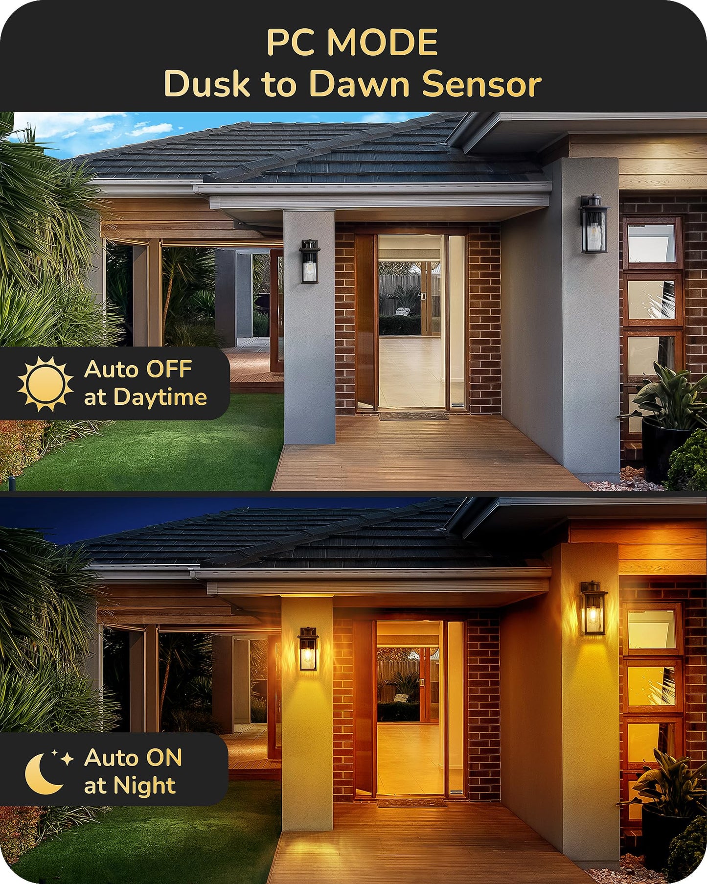 EDISHINE Motion Sensor Outdoor Light Fixtures, Dusk to Dawn, Waterproof Wall Lights, Black and Gold, Model HOWL07, 2 Pack