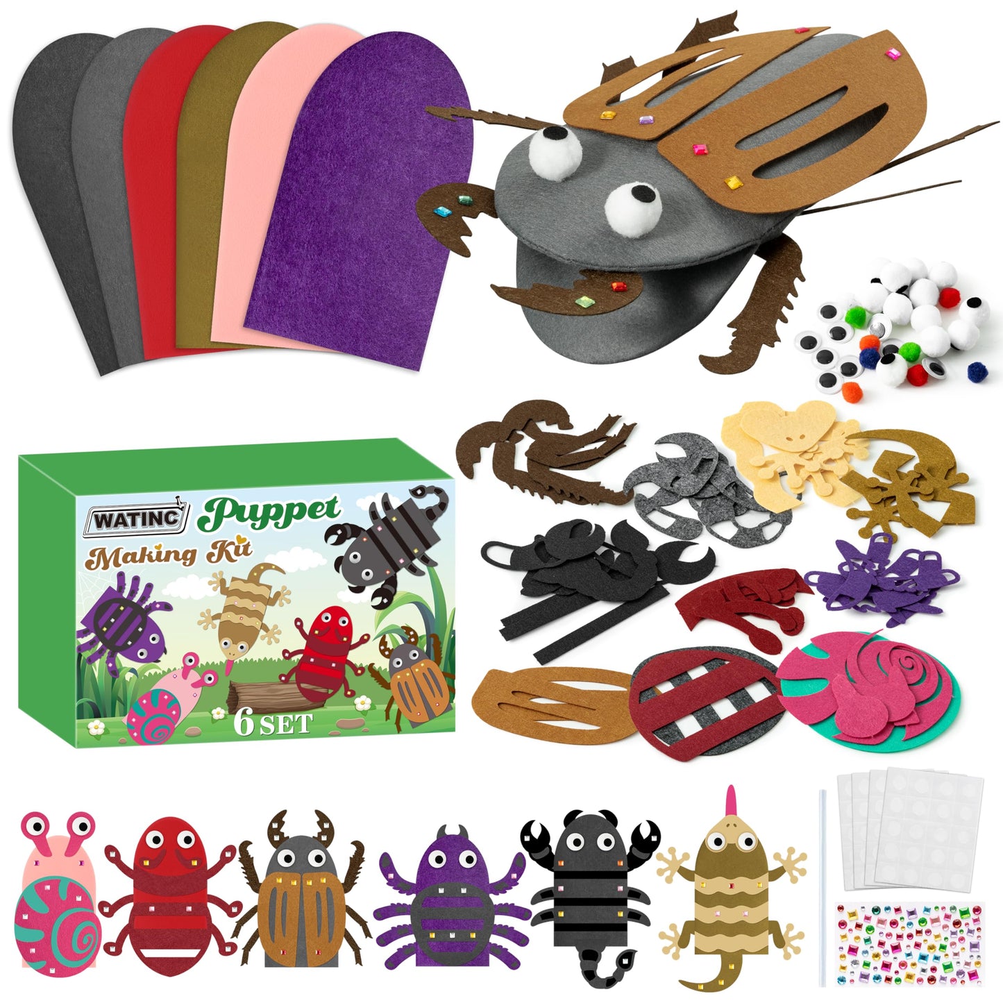 WATINC 6Pcs Hand Puppet Making Kit, Art Craft Felt Sock Puppet Toys, Creative DIY Make Your Own Pompoms Wiggle Googly Eyes Storytelling Role Play Party Supplies Gift for Girls Boys (Insect Animals B)