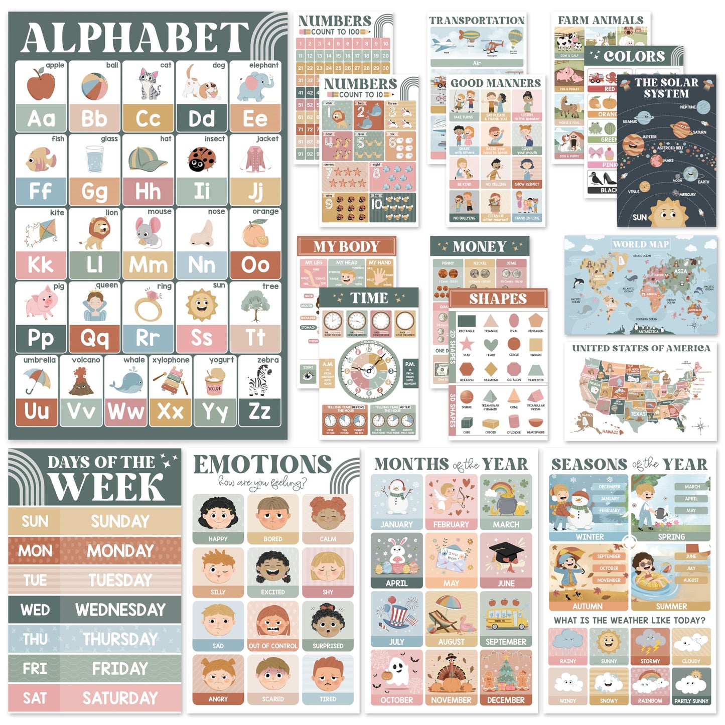 Educational Posters for Preschoolers - Laminated Pre-K and Kindergarten Learning Poster Charts for Toddlers 1-3-5 - Homeschool and Classroom Decor for Kids' Walls (18 Modern Boho Educational Posters)