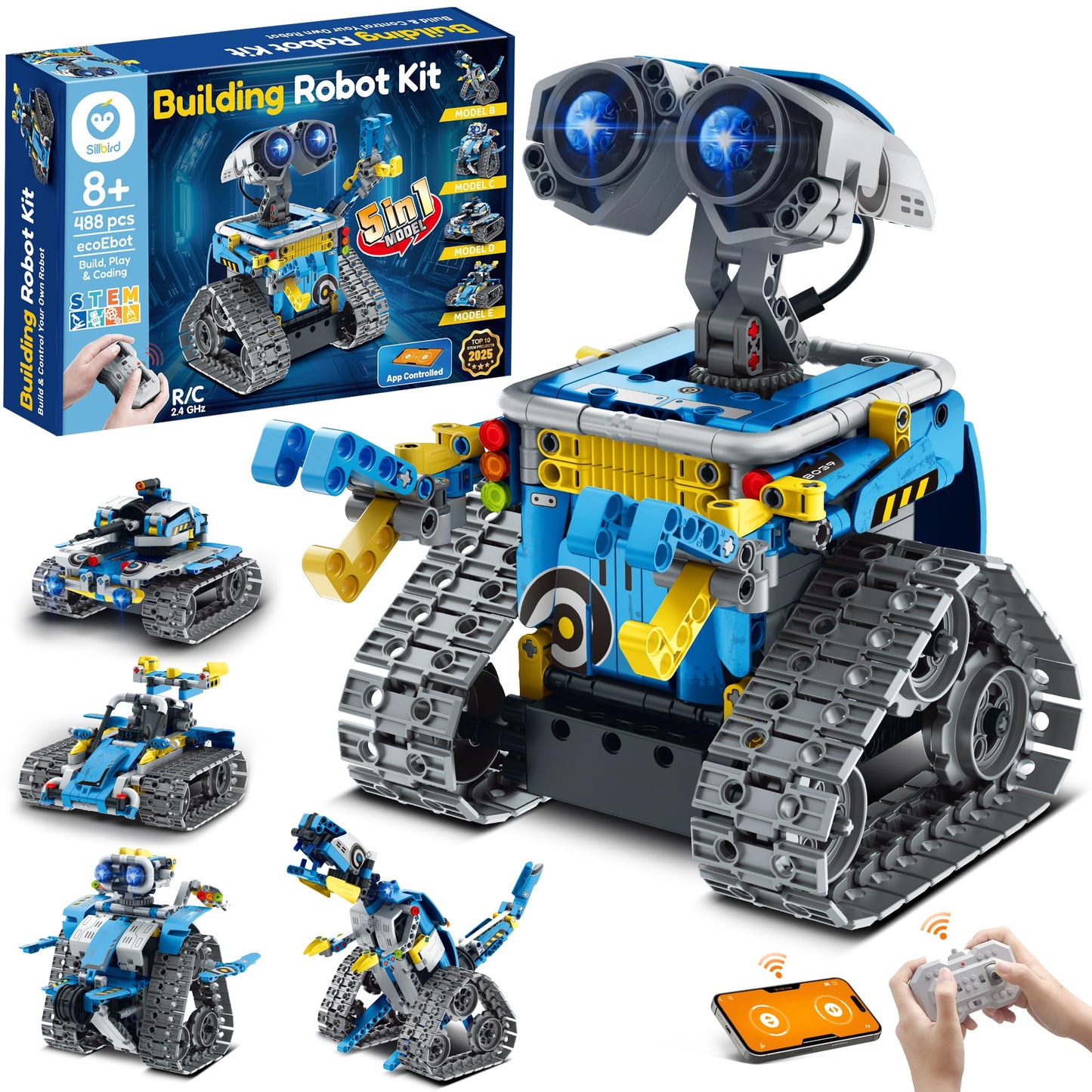 Sillbird Robot Building Kit with Remote Control STEM Gifts for Boys Ages 8-12, Technic Coding Robotic Toys for Kids Birthday, Build 5in1 Models with 488 Pieces - Blue