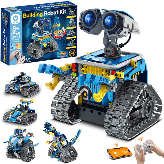 Sillbird Robot Building Kit with Remote Control STEM Gifts for Boys Ages 8-12, Technic Coding Robotic Toys for Kids Birthday, Build 5in1 Models with 488 Pieces - Blue