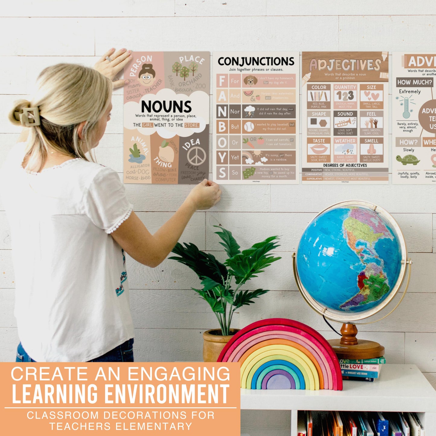 Parts of Speech Posters for Classroom Must Haves - 12 Grammar Posters, Writing Process for Homeschool, Elementary & Middle School, ELA 3rd 4th & 5th Grade Teacher Must Haves, Boho Classroom Decor