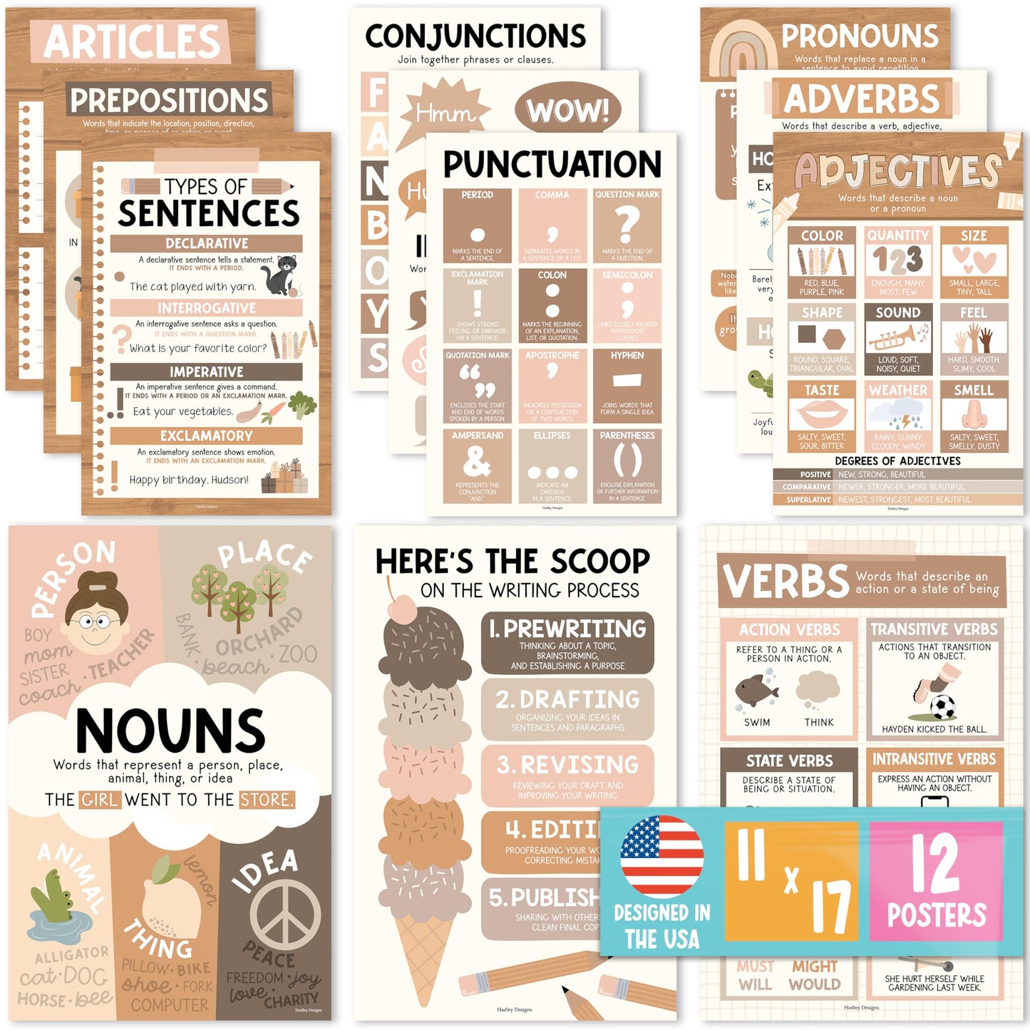 Parts of Speech Posters for Classroom Must Haves - 12 Grammar Posters, Writing Process for Homeschool, Elementary & Middle School, ELA 3rd 4th & 5th Grade Teacher Must Haves, Boho Classroom Decor
