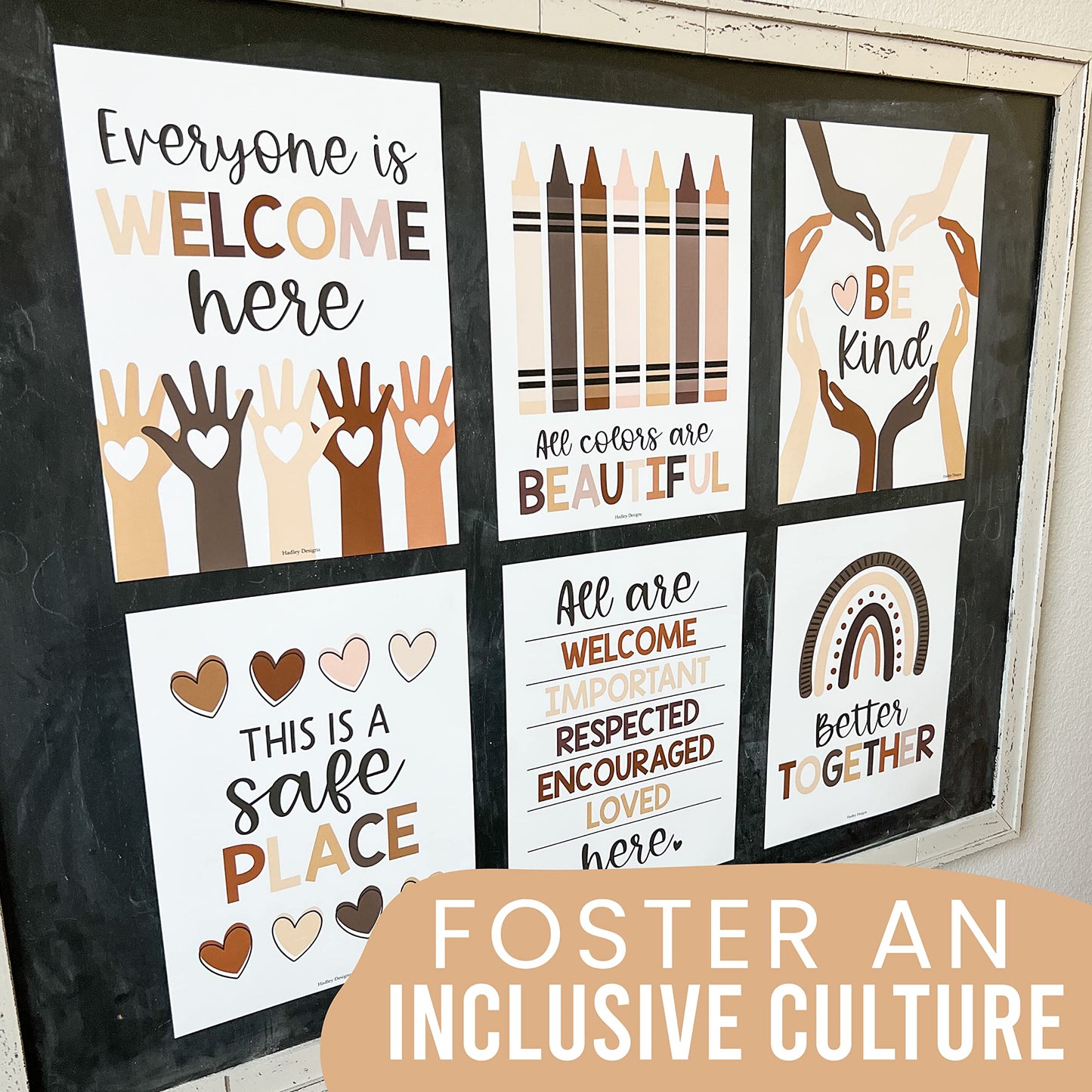 Hadley Designs Diversity Posters For Classroom Elementary –6 Inclusive Everyone Is Welcome Classroom Decor, Safe Space Sign Preschool Kindness Posters For Classrooms, Neutral Multicultural Poster