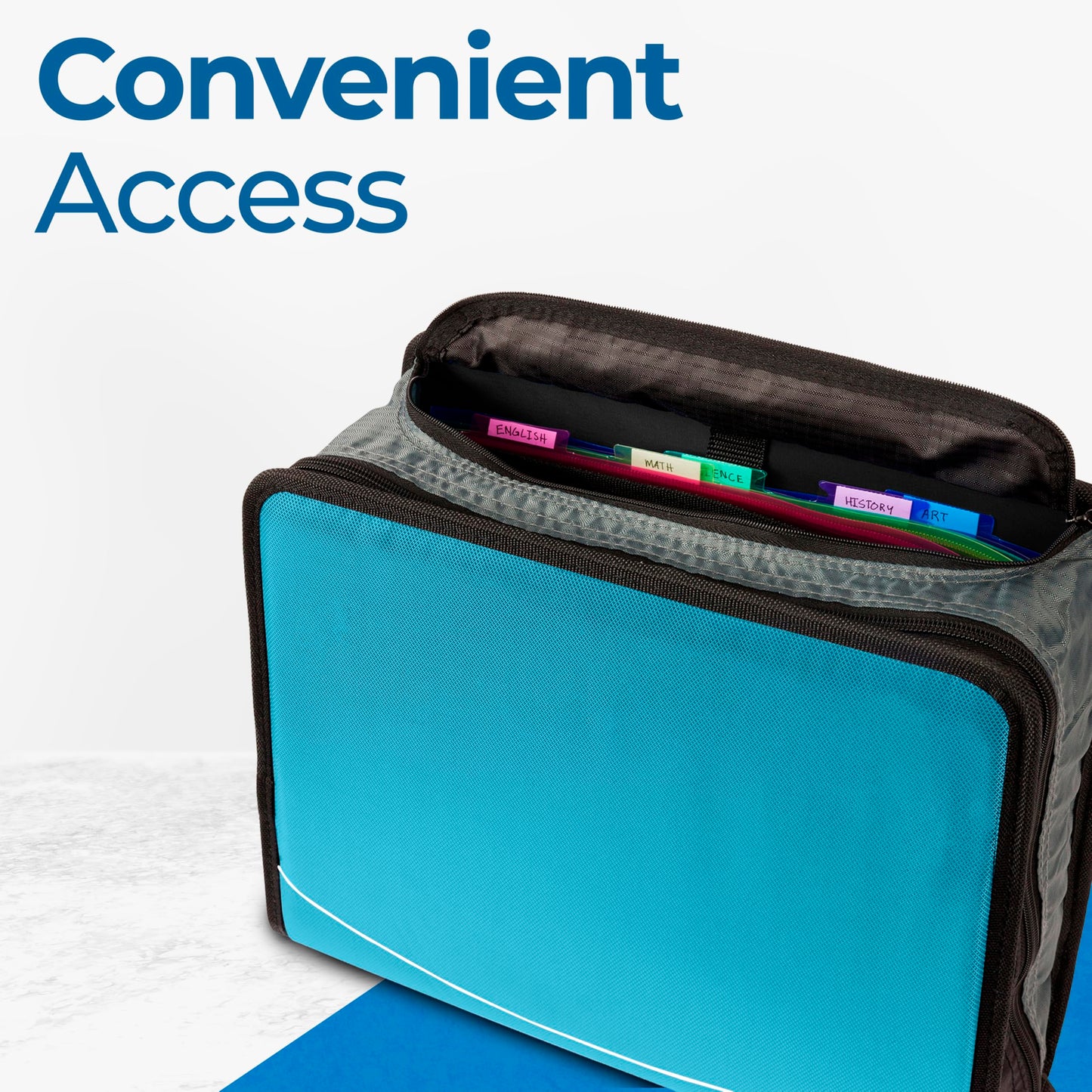 Case-it Mighty Zip Tab School Zipper Binder | 3-Inch O-Rings, 600-Sheet Capacity, 5-Subject Expanding File Folder, Multiple Pockets & Storage Organizer, Shoulder Strap | D-146 Teal