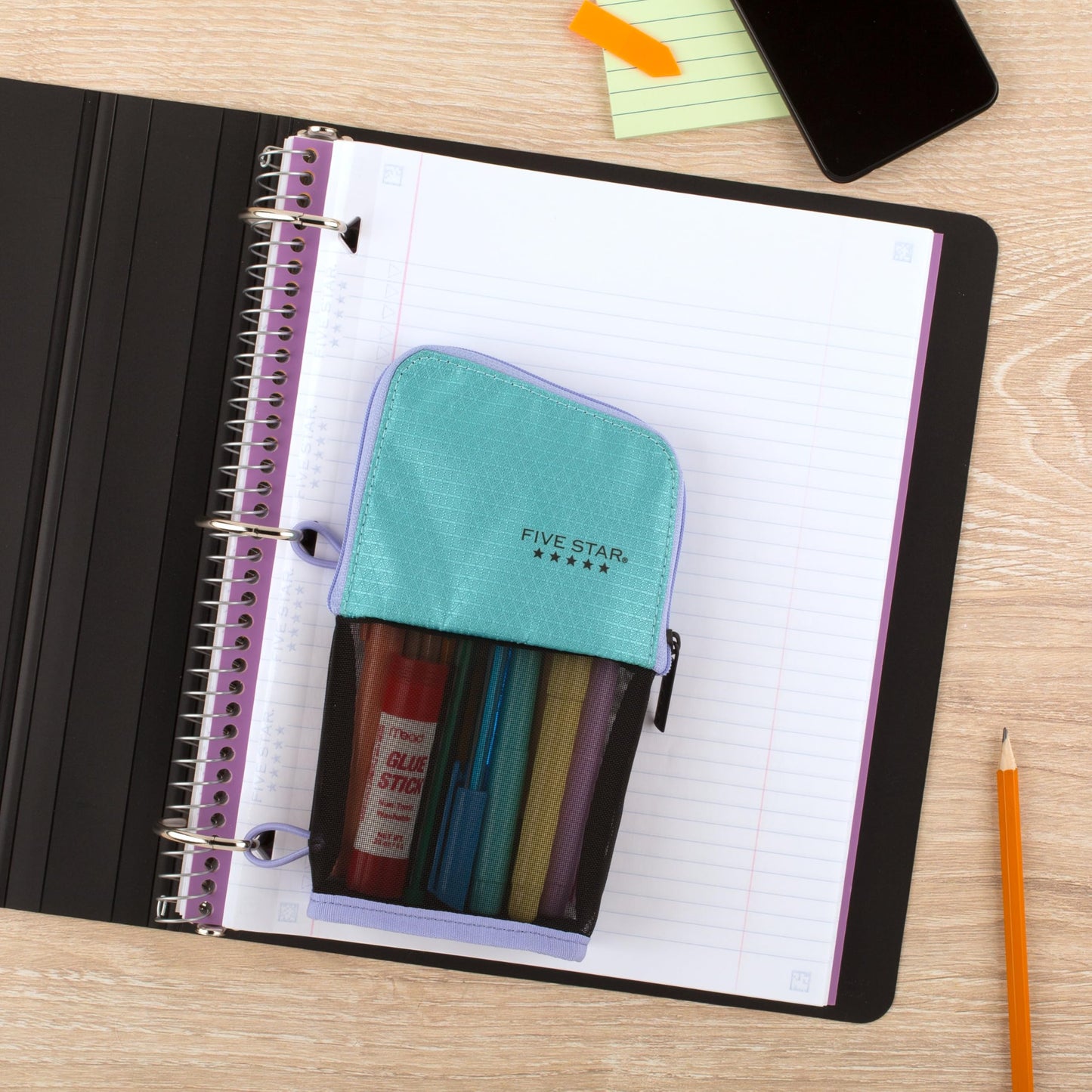 Five Star Pencil Pouch, Pen Case, Stand 'N Store Zipper Pouch, Fits 3-Ring Binder, Storage Organizer for School Supplies Earbuds Chargers Cables Makeup, Teal/Berry (500209F-ECM)