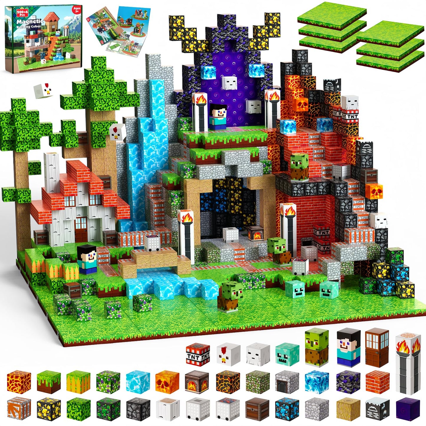 200PCS Magnetic Blocks - Magnetic Blocks with 6 Base Plate, Magnetic Building Blocks for Kids Ages 4 5 6 7 8, Stacking Magnets, Birthday Gifts for 3-8 Year Old Boy Girls